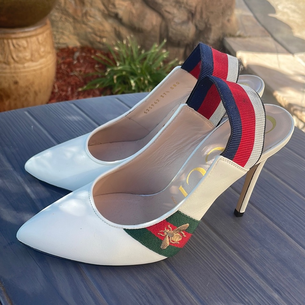 Authentic Gucci Sylvie Leather Slingback Pumps with Bee in White